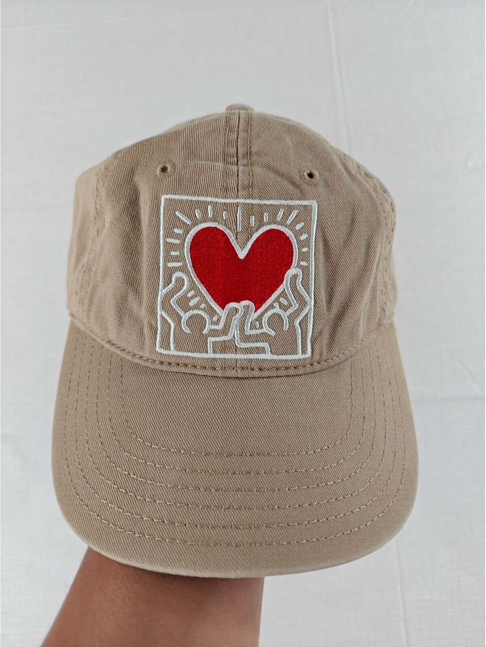Keith Haring Beige Cotton Baseball Cap with Red Heart Patch